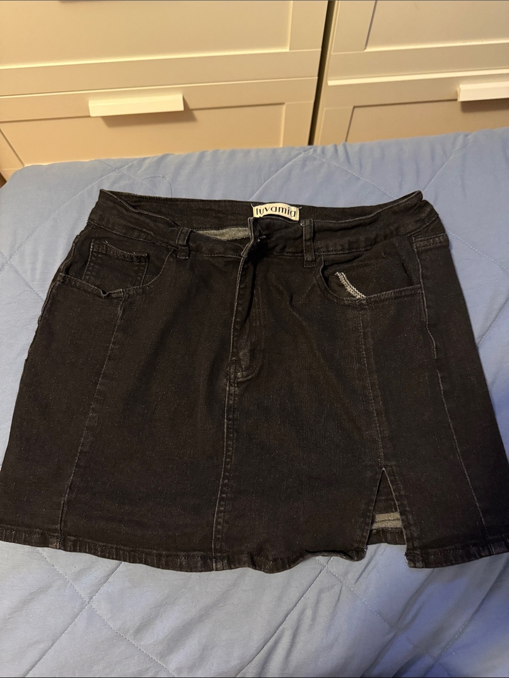 Black Denim Mini Skirt with Front Slit